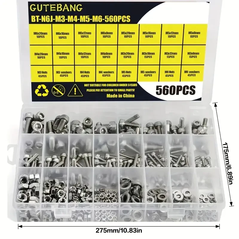 560 M3 M4 M5 M6 hexagon bolt kit 304 stainless steel cup head hexagon bolt, nut, washer sorting kit