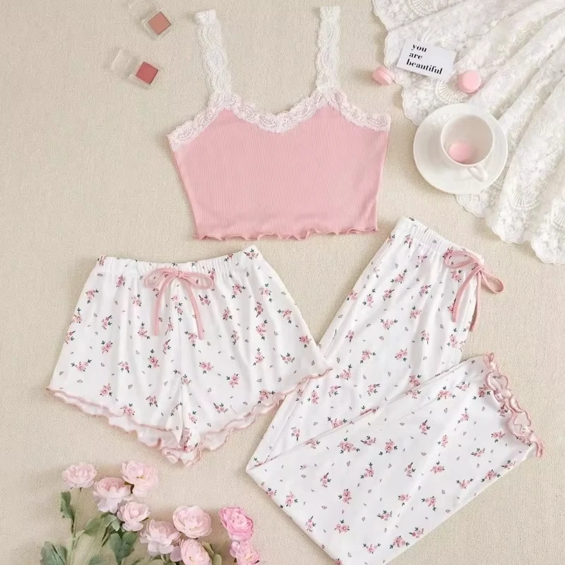 New Women's love pajamas sweet and cute three piece set for spring and summer high-end suspender shorts set sexy home clothes