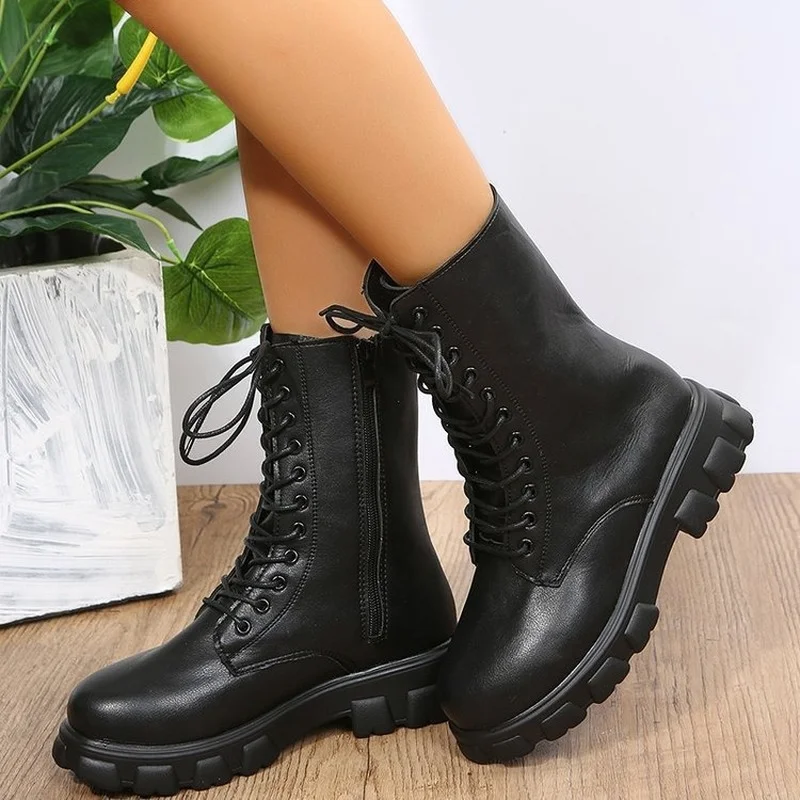 Pu Leather Combat Ankle Boots Women 2022 Autumn Winter Gothic Platform Shoes Ladies Black Lace Up Short Motorcycle Boots Girls