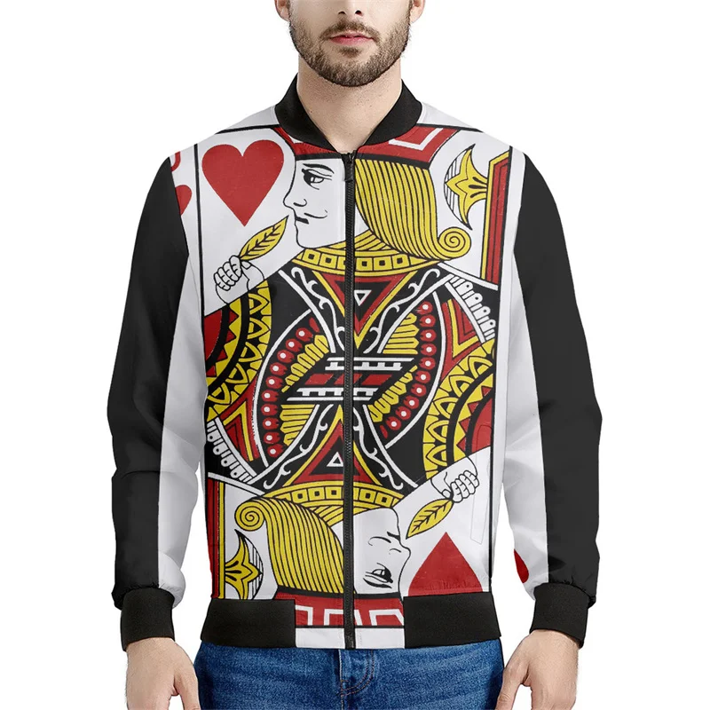 thumbnail image 1 of Chaqueta con estampado de naipes para hombre, chaqueta con cremallera y estampado 3D de póquer, informal, holgada, con cremallera, estilo bomber, 1 of 4