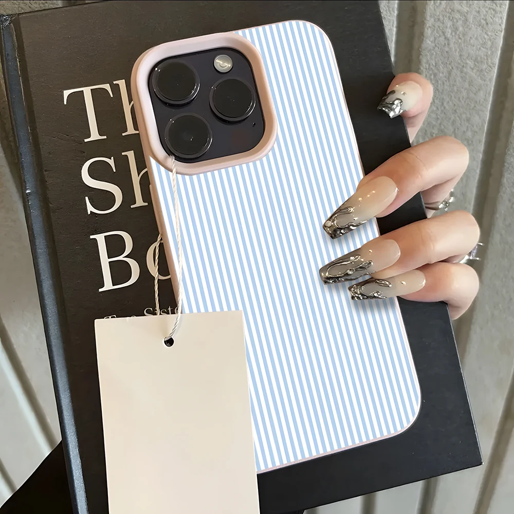 Light Blue Stripe Pattern Lychee Soft Phone Case Cover