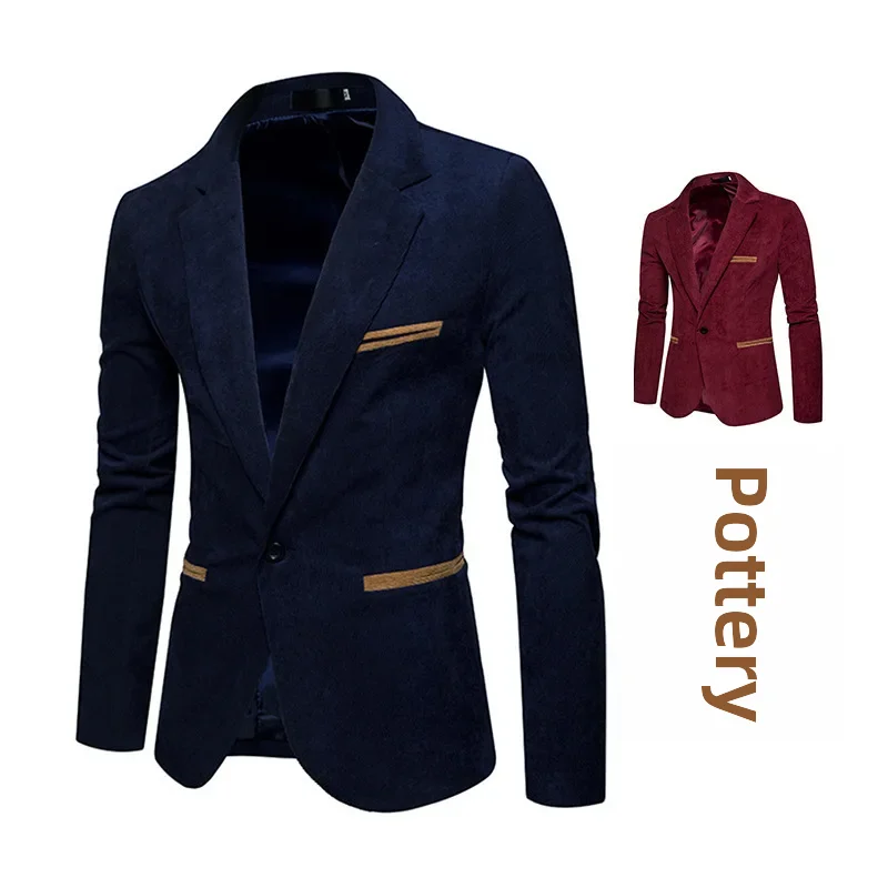 Amazon Cross-border Fashionable Men's Corduroy Western-style Suit Jacket Casual Color Block Cardigan Small Suit Spring Autumn