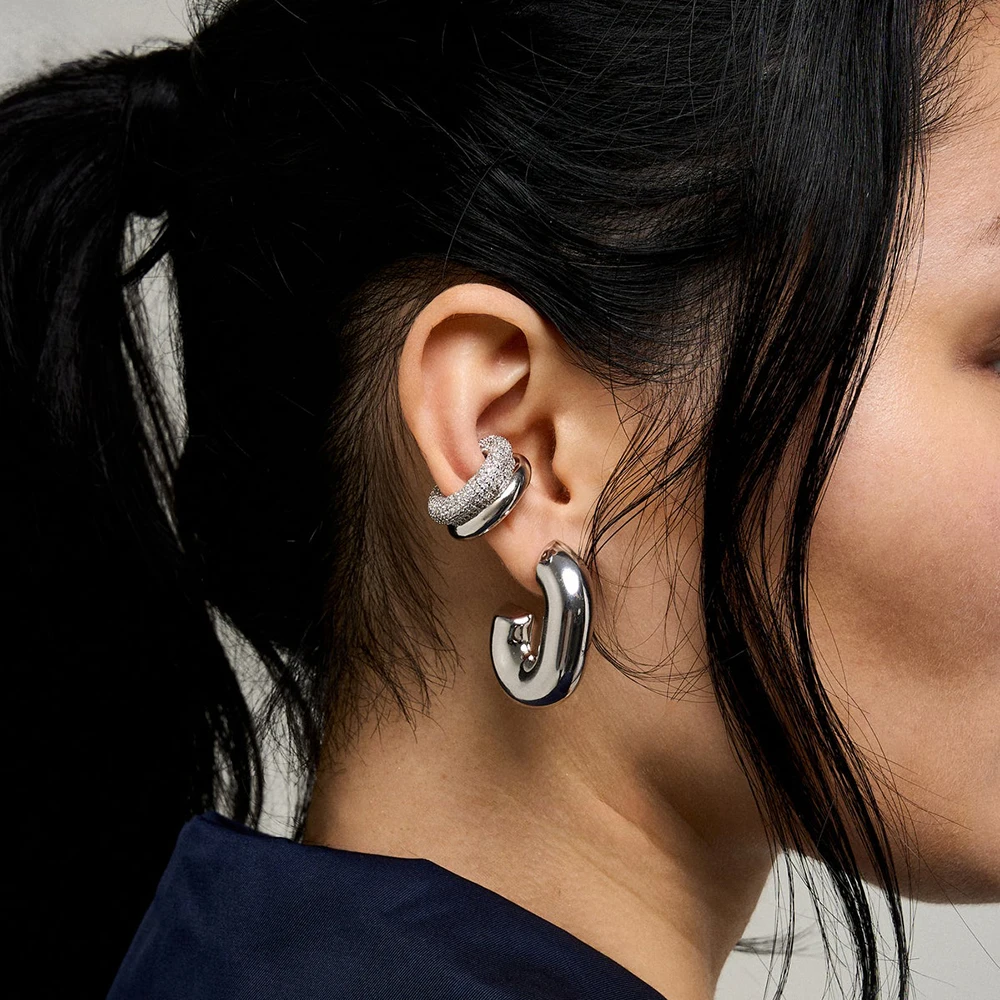 18K Gold Plated Polished Double-layer C Shape Earclips Clip Earrings for Women Girls No Piercing CZ Zircon Ear Wrap Clips Bijoux