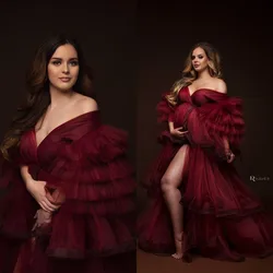 Sexy Burgundy Maternity Dresses A Line V Neck Tiered Pregnant Women Gown for Photoshoot Front Split Tulle Pregnancy Babyshower