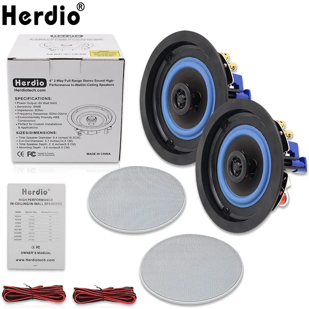 Wall Ceiling Speaker Herdio 2PCS 160 Watt 4" 2 Way Flush Mount In Ceiling In Wall Passive For Bathroom kitchen Office Living Room wall ceiling speaker