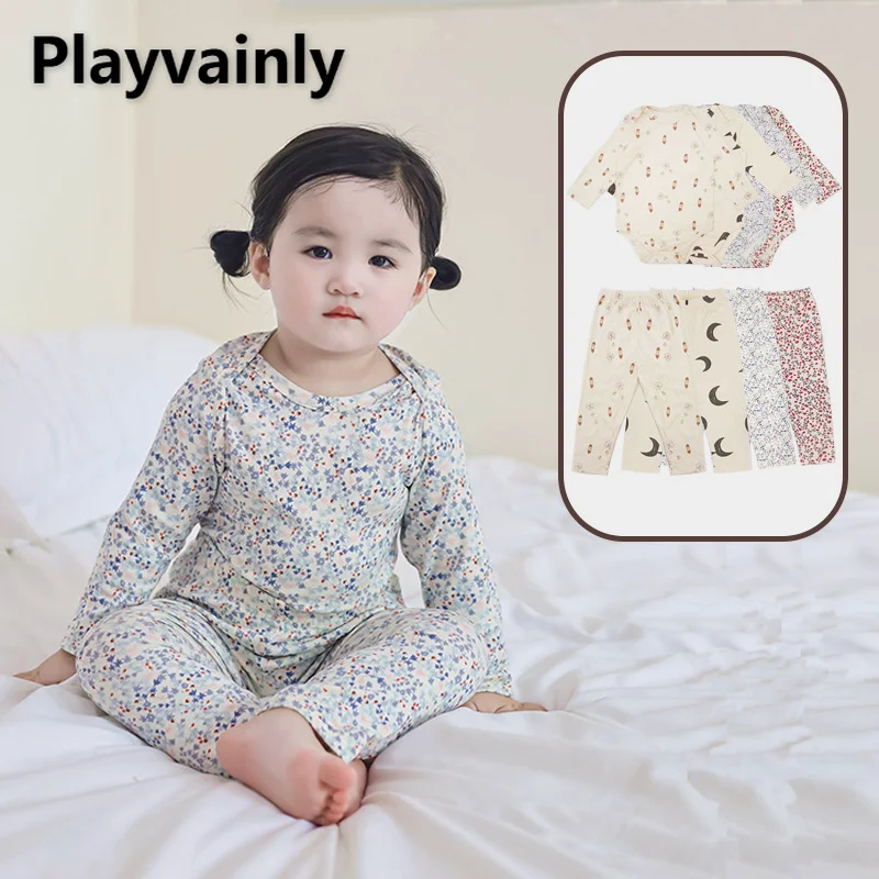 New Spring Baby Boy Girl Pajamas Cute Print O-neck Full Sleeve Bodysuit+Elastic Waist Pants Newborn Home Wear Nightgown E22048