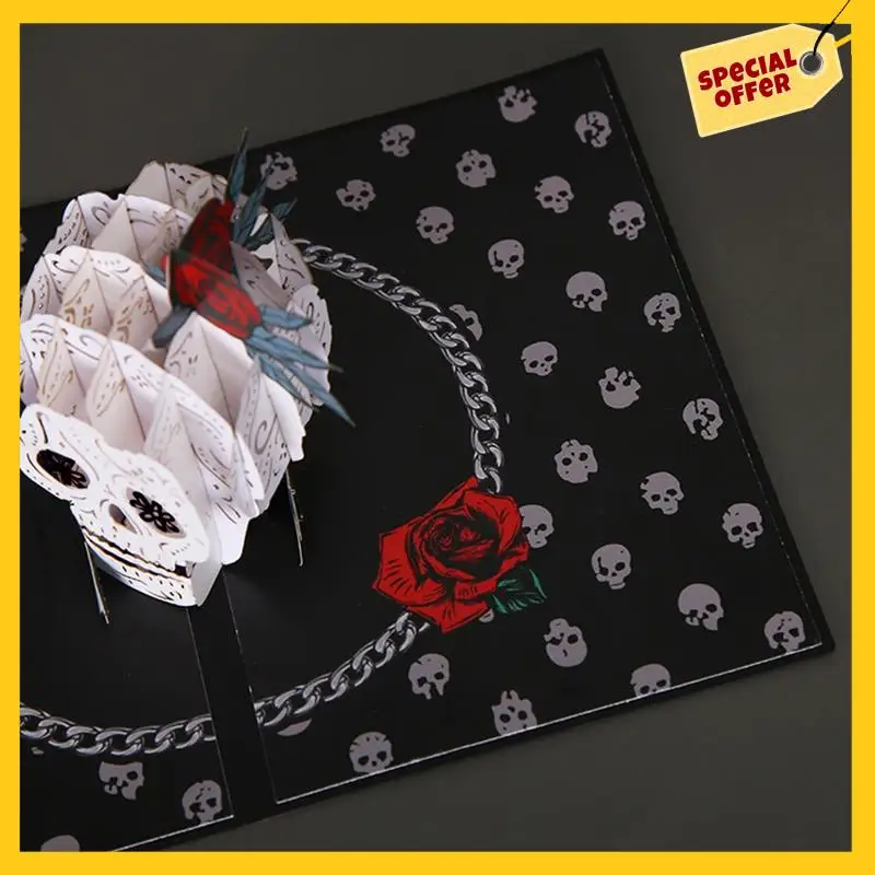 A45G-3D Halloween Greeting Card Festival Party Invitation Holiday Postcard Gift Skeleton Skull Rose Horror Greeting Card