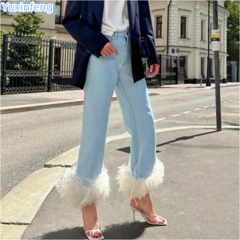 Yuxinfengfeather 2023 Autumn Jeans Women Design European 2023 High Waisted Thin Blue Straight Jeans Ladies Pants Denim Trousers