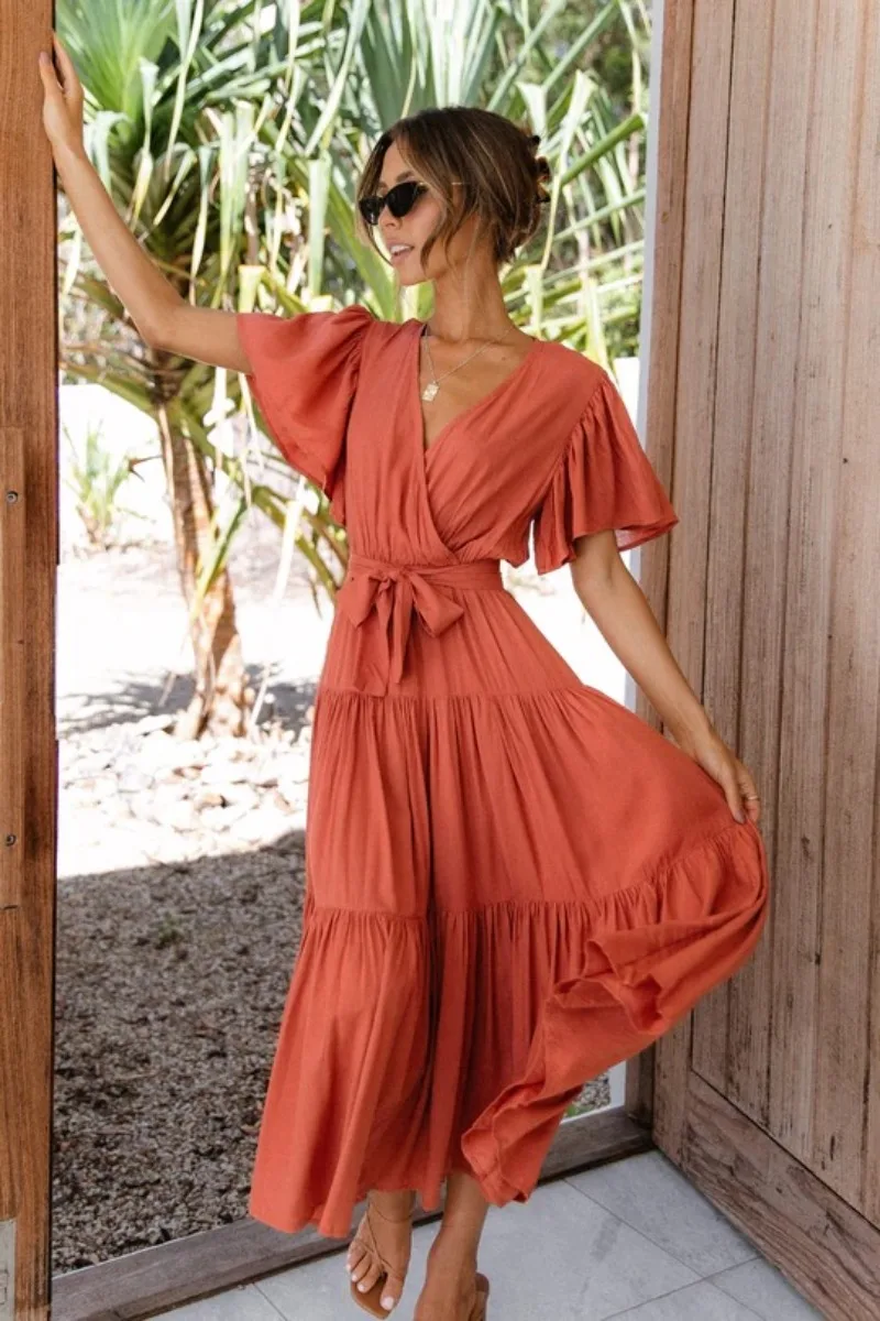 

Summer Ladies Casual Solid Color Short Sleeve Maxi Dress Fashion Korean Lace-up High Waist Ruffled Dresses Y2k Bohemia Vestidos