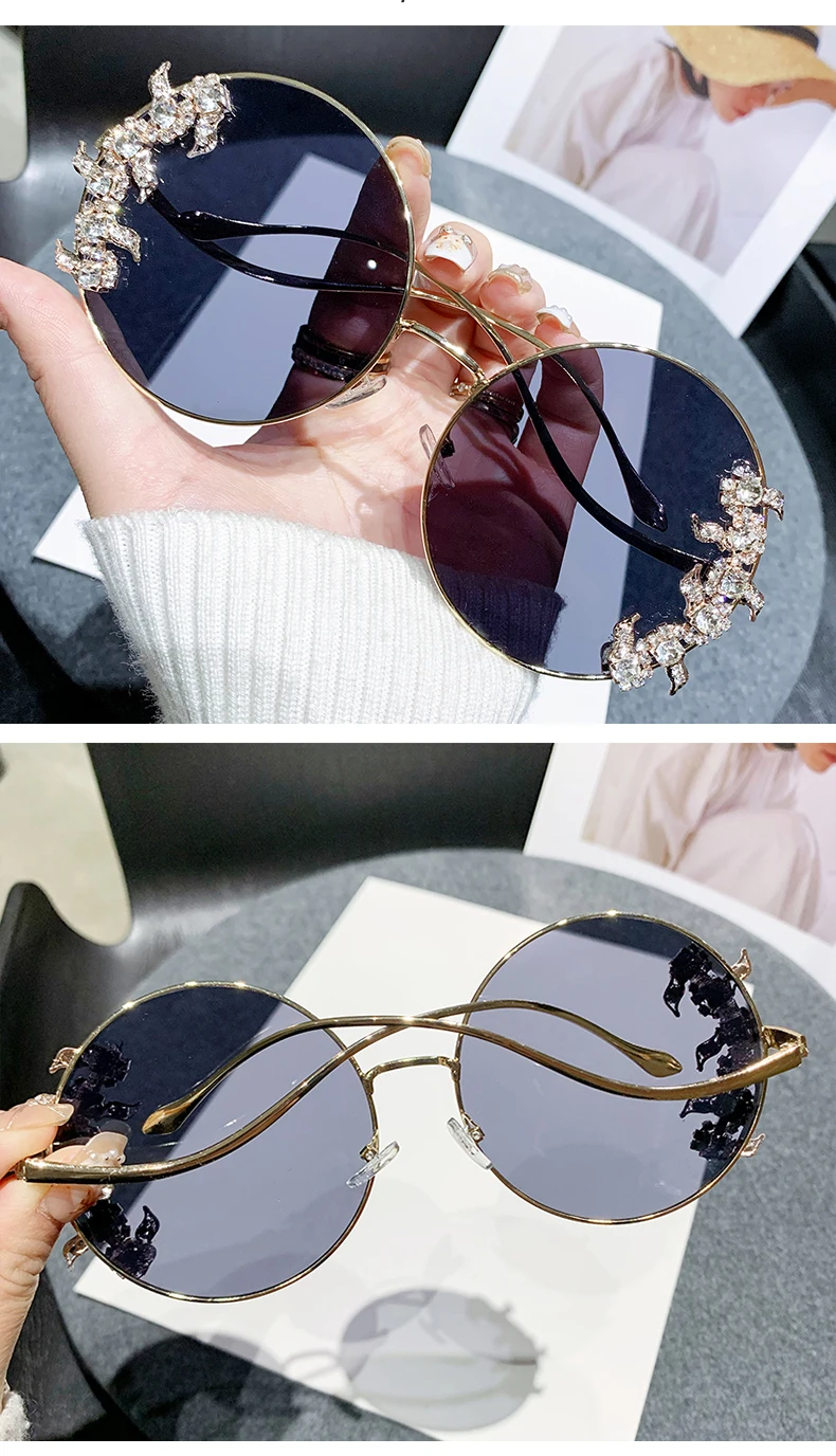 Neue randlose Diamant-Sonnenbrille mit Schliffkante, modische runde Strass-Sonnenbrille, Wellen-Design, Spiegelbein-Brille – Detail 13