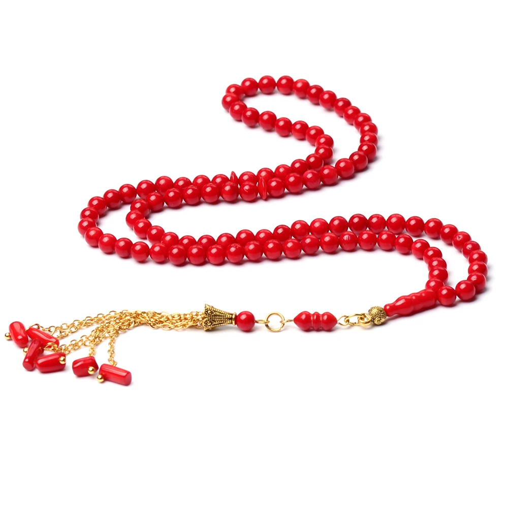 Islamic Prayer Beads Muslim Tespih Silver Tasbih Natural Red Coral