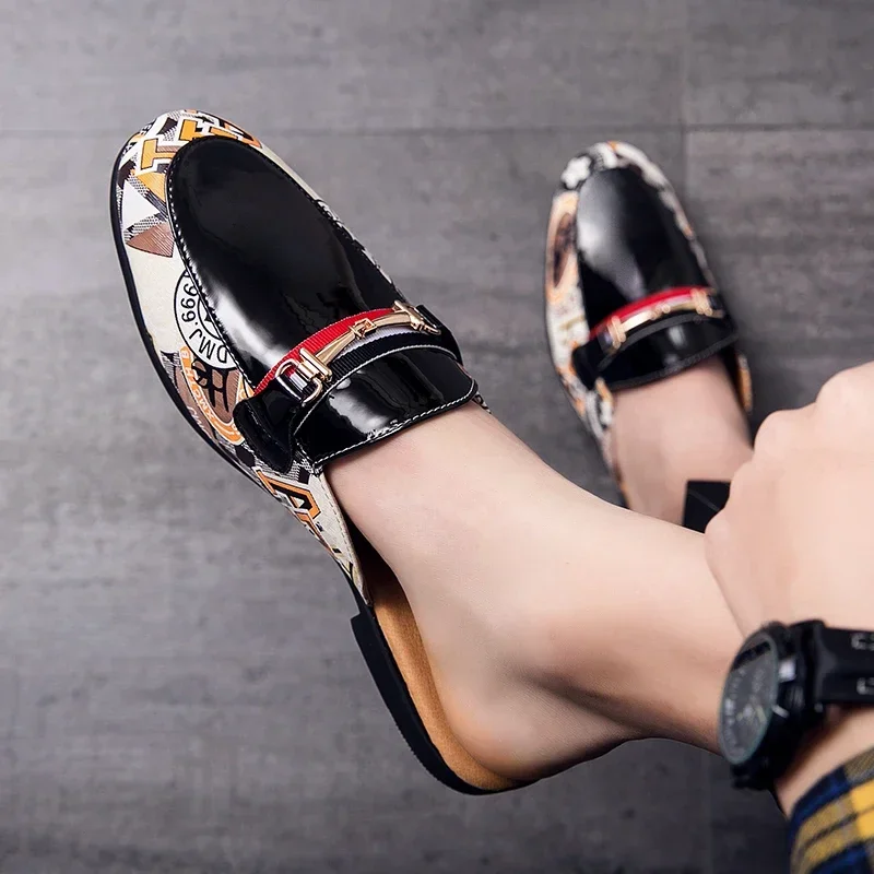 Summer semi-drag breathable sandals men's casual shoes fashion loafers handmade shoes pointed-toe casual leather men's shoes