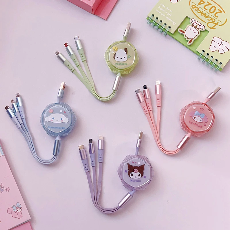 

Зарядный кабель Sanrio 3 в 1, USB-кабель для быстрой зарядки и передачи данных, в мультяшном стиле, Type-C, аксессуары для передачи данных для сотового телефона