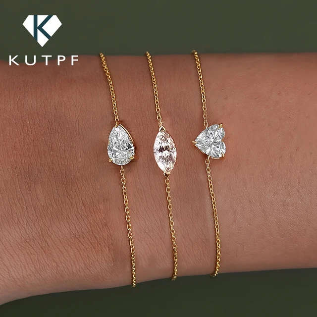 Bracelet solitaire en diamant Moissanite pour femmes, coupe poire/Marquise/coeur, plaqué argent S925, chaîne de poignet en or 18 carats avec certificat 1