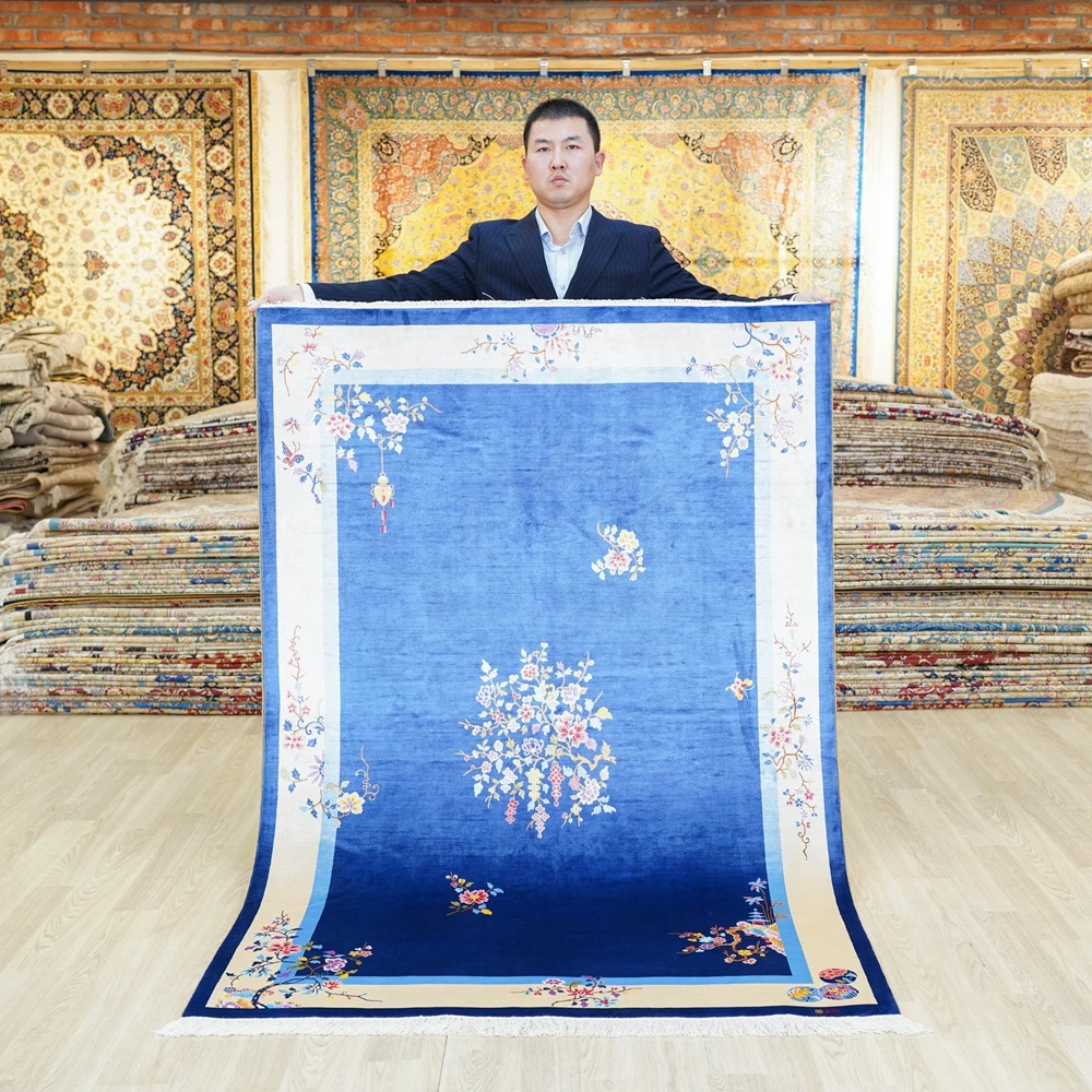 

YILONG 4 'x 6' Шелковый синий ковер ручной работы в стиле арт-деко с эксклюзивным узором