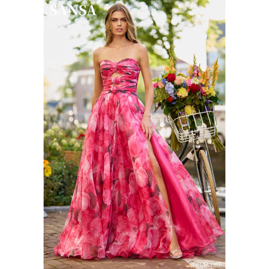 Sansa Floral Print Prom Dresses A-line Organza vestidos de fiesta Strapless Side Split Sweep Train Sleeveless Formal Evening