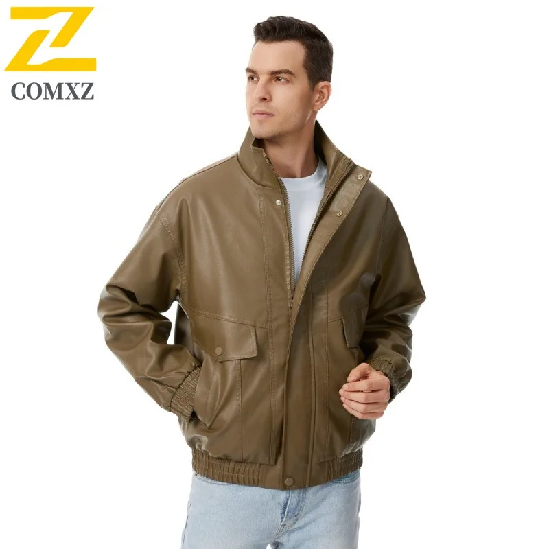 Men Vintage Baseball Windbreaker Genuine Washed Leather Pilot Coat Windproof Loose Fit Biker Style Urban Streetwear Jacket 2025