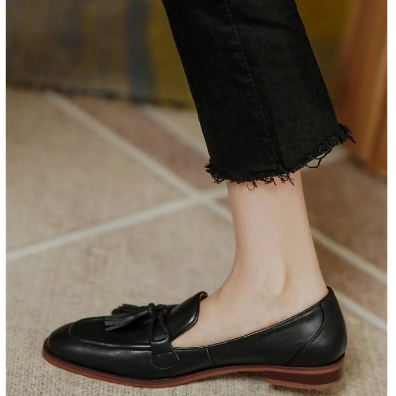 2024 trend Retro British Style Square Head Women's Loafers Shoes Summer Style Tassel Comfortable Single Shoes Women Brown Shoes