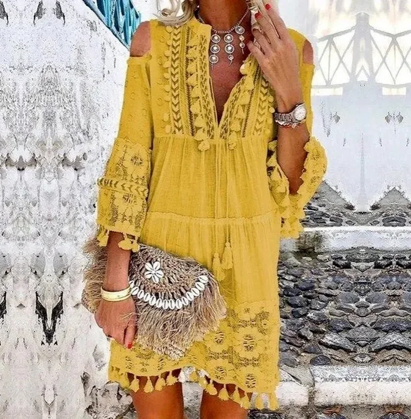 

Ethnic Style Embroidery Hollow Out Bow Women Dress Boho Beachwear Long Sleeve Ruffles V-Neck Dress Floral Pullover Yellow Robe