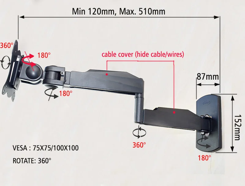 D-MOUNT LCD-500 풀 모션 10-27 평면 패널 LED LCD 디스플레이 TV 벽걸이형 VESA 100*100 75X75 10KG 모니터 홀더 지원