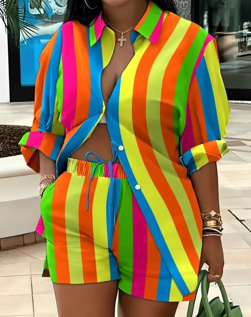 Women Short Sets Summer Short Sleeve O-Neck Tee Tops+Shorts Two Piece Set Tracksuits Outfit Shorts Women Striped Shorts Suit