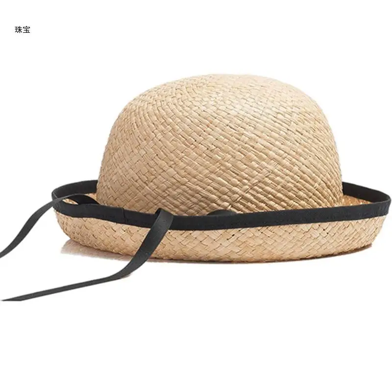 

X5QE Summer Roll-up Wide Brim Sunhat Straw Hat Ribbon Bowknot Dome Top Hat for School