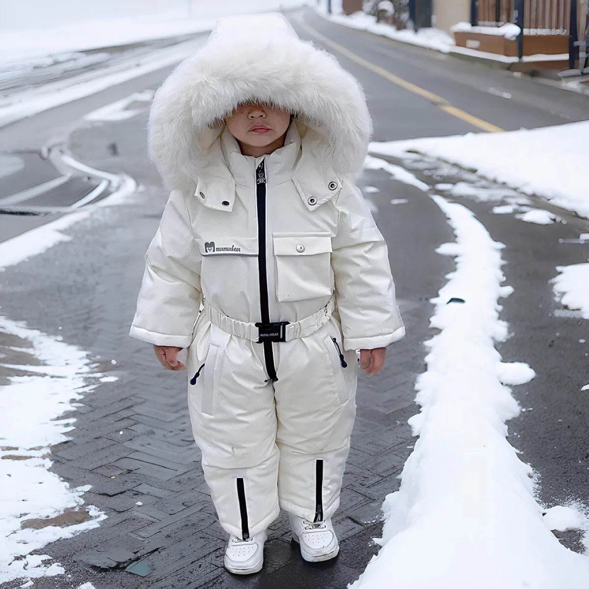 الأطفال الشتاء وزرة مقاوم للماء مقنعين فتاة أسفل سترة طفل رضيع بذلة دافئة طفل فتاة فو الفراء بدلة تزلج الاطفال سنوسويت