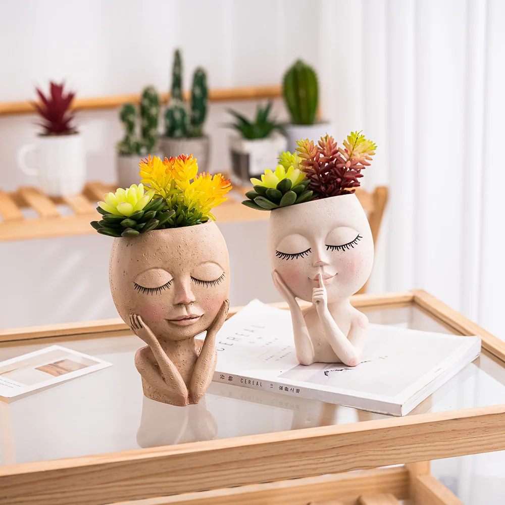 

Nordic Style Plant Decorative Flower Planter Lovely Pots Face Head Succulent Cactus Vase Resin Figure Garden Tabletop Ornament