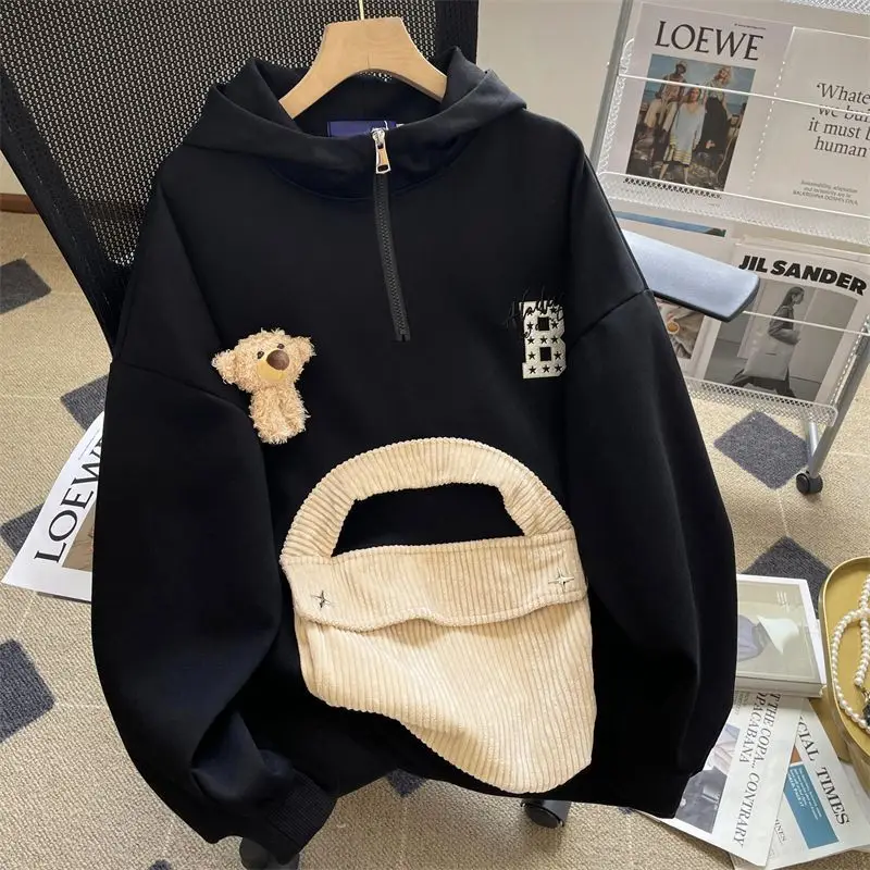Cute Sweatshirt Autumn Winter Hooded Sweaters Female Clothing Casual Loose All-Match Fashion Drawstring Commute