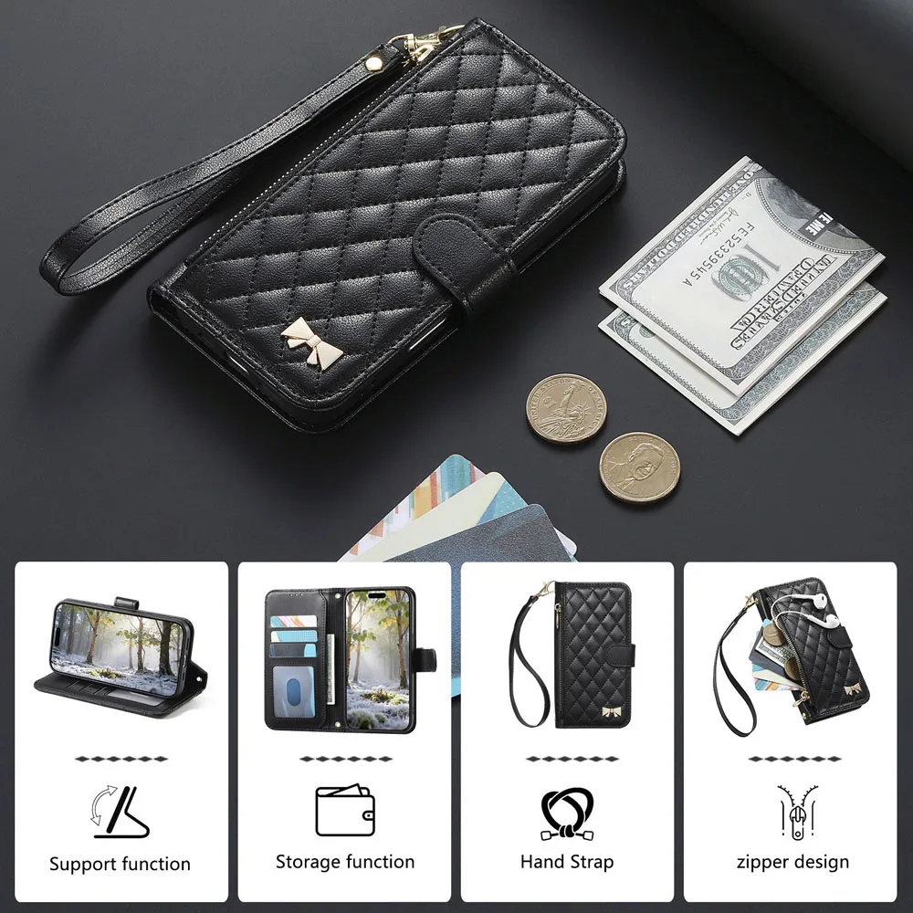 Luxury Leather Flip Case with Zip Wallet and Lanyard Wrist Strap