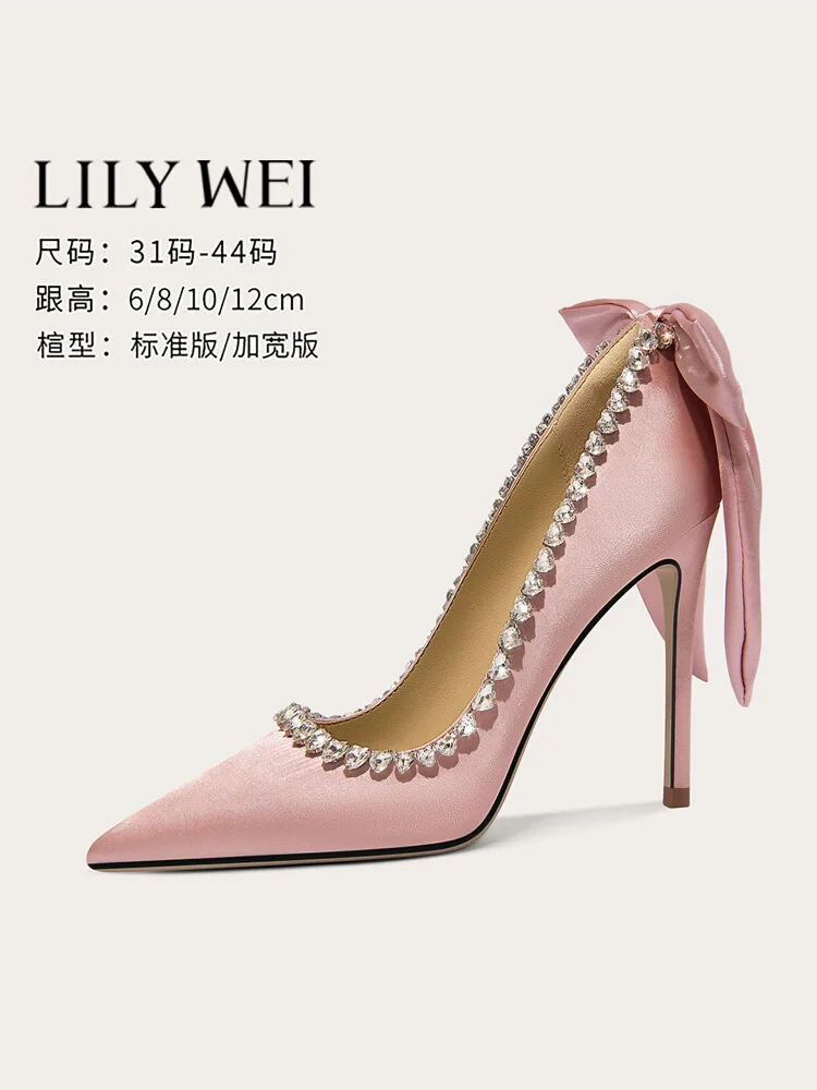 Spring pointed shallow satin bow rhinestone shoes thin high-heeled waterproof platform banquet large size small size women shoes