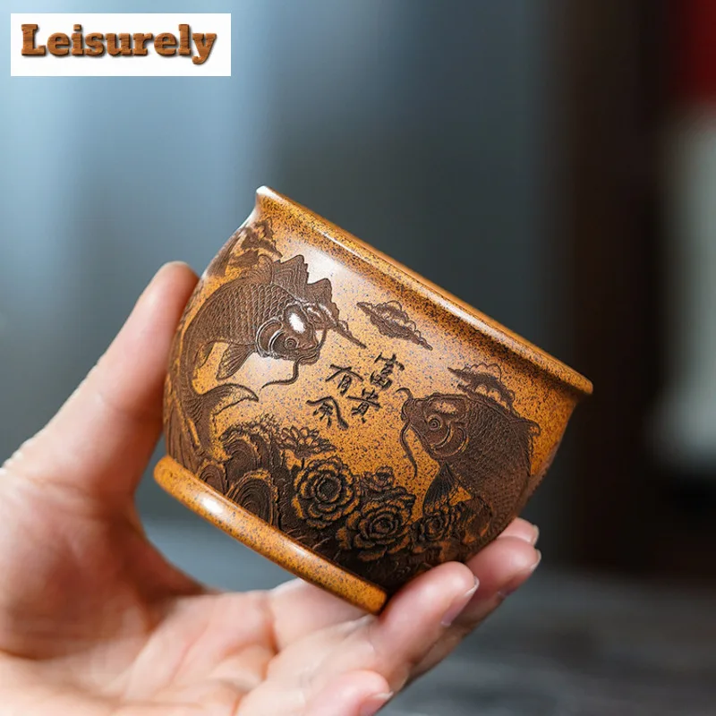 225ml Yixing Zisha Wood-fired Porcelain Both Fish Teacup Elegant Tea Bowl Jug Tea-tasting Fragrance Cup Jianzhan Master Cups