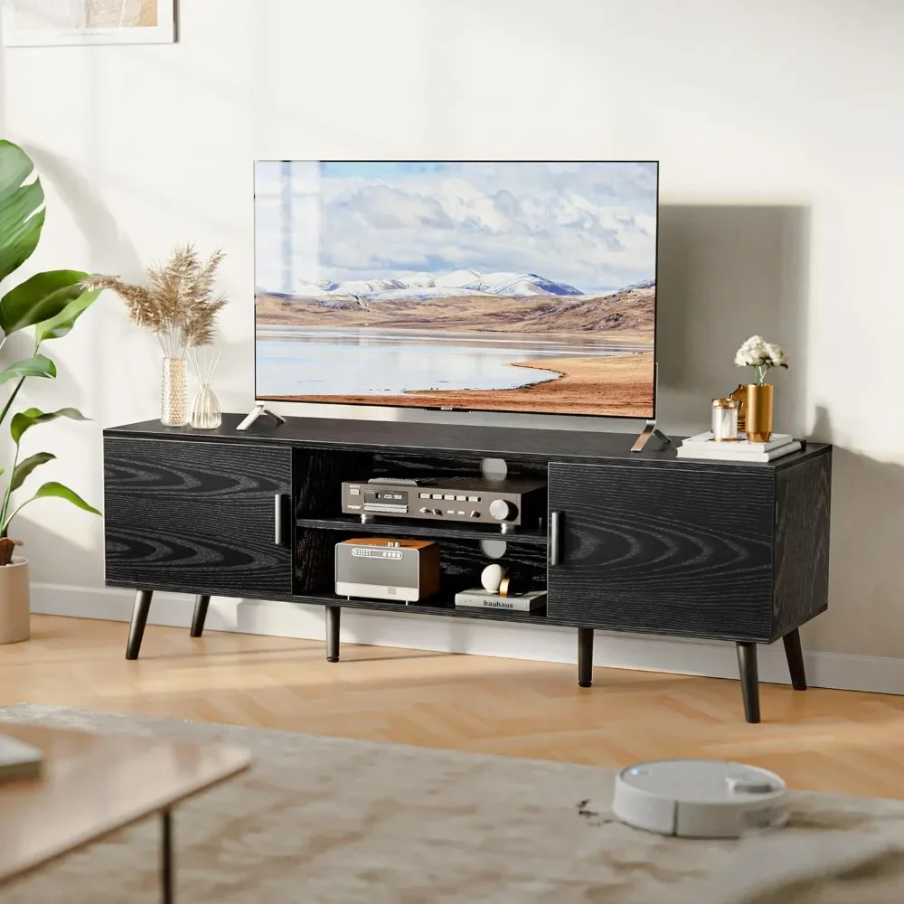 

Media Console Furniture for Tv Stands 2 Cabinets Tv Stand Living Room Furniture Cord Holes Bedroom Solid Wood Feet Black Cabinet