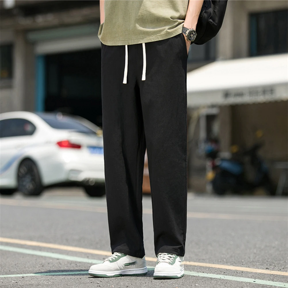 

Mens Summer Thin Oversized Loose Straight Pants Sport Gym Yoga Baggy Drawstring Long Trousers Casual Linen Cropped Men's Pants