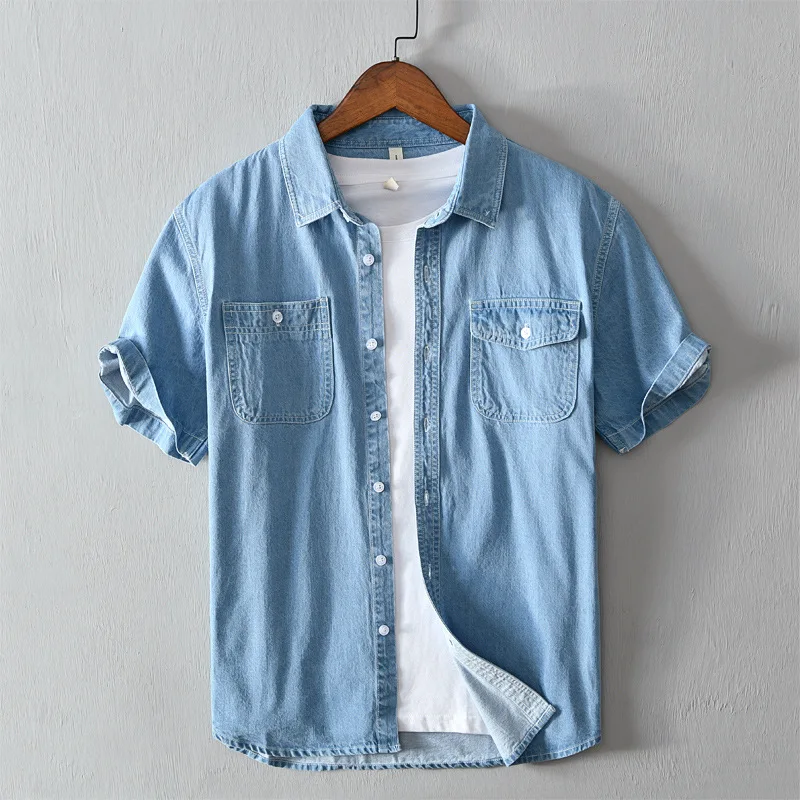 

Casual Denim Shirt for Men Summer Short Sleeve Turn-down Collar Jean Tops Male Pure Cotton Cowboy Vintage Korean Clothes