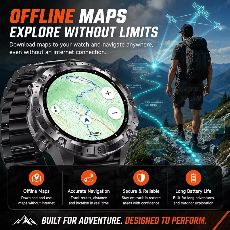 2026 Outdoor New GPS Offline Map T-Rex 3 Military Grade Smart Watch Men 3ATM Waterproof LED Flashlight HD Call 100+Sports Watch 2