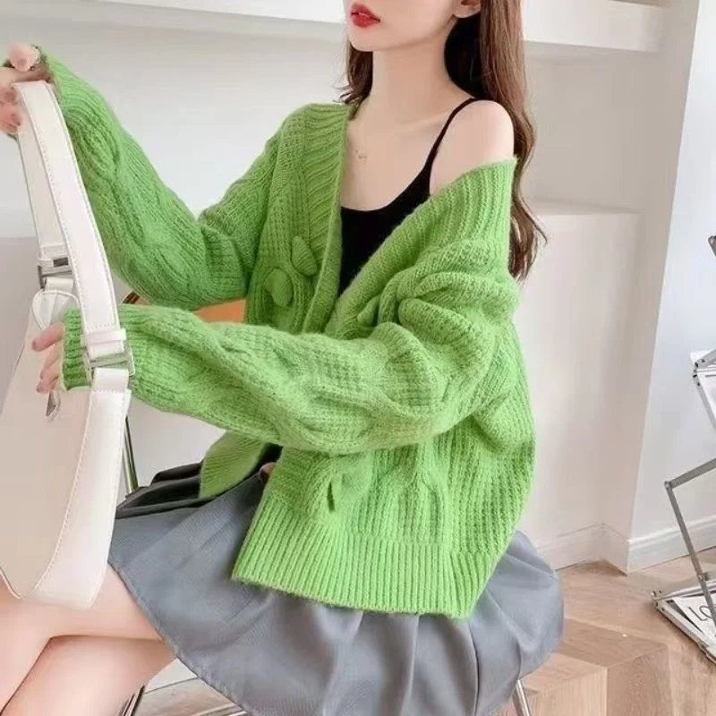 Elegant Winter Coat New In Korean Style Women's Clothing Sweet Bow Knitwear Long Sleeve Top Sweater Cardigan Casual Outerwears