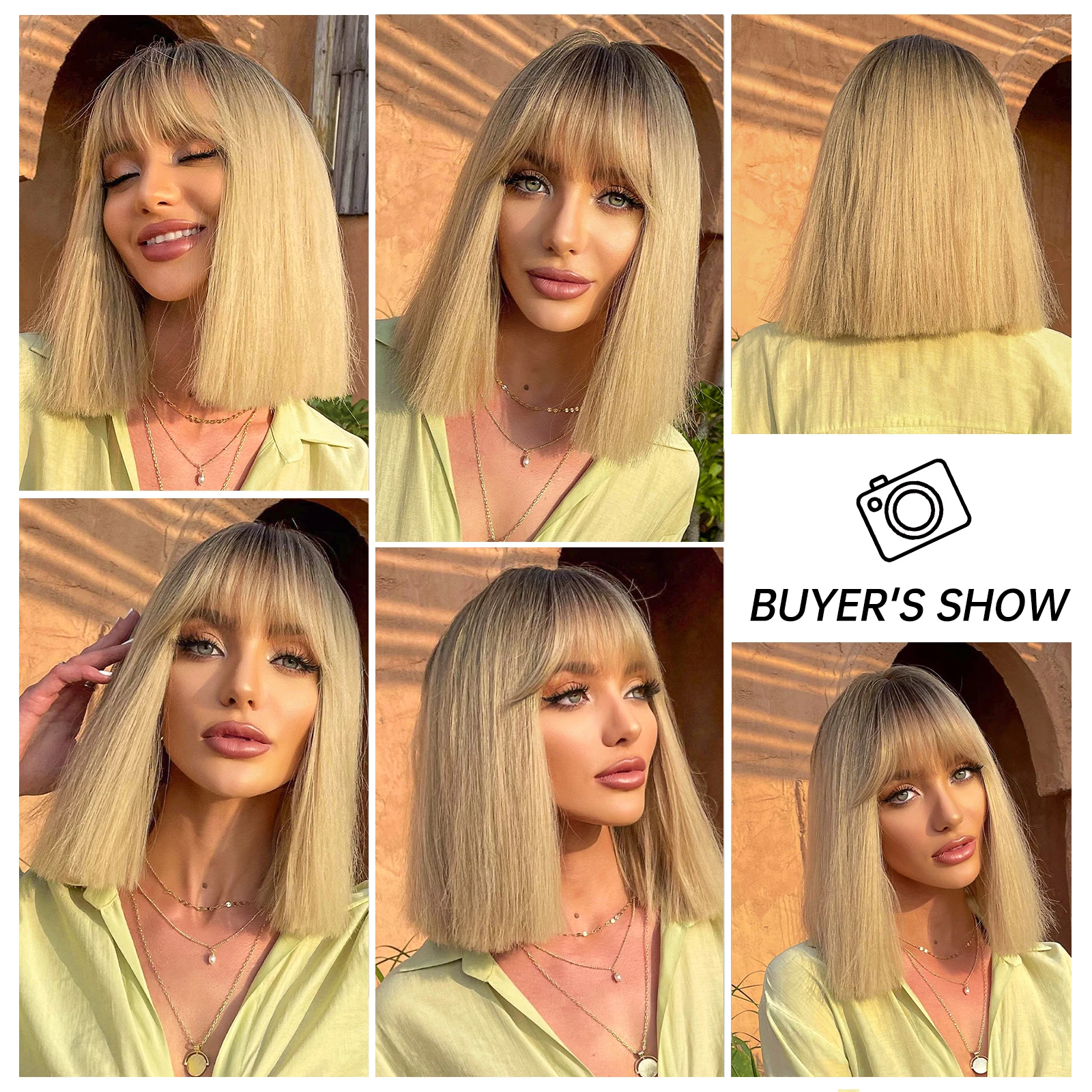 Peluca sintética corta, recta, de color rubio ceniza grisáceo, con flequillo, corte recto natural, para mujeres blancas, resistente al calor para uso diario_voghion.com