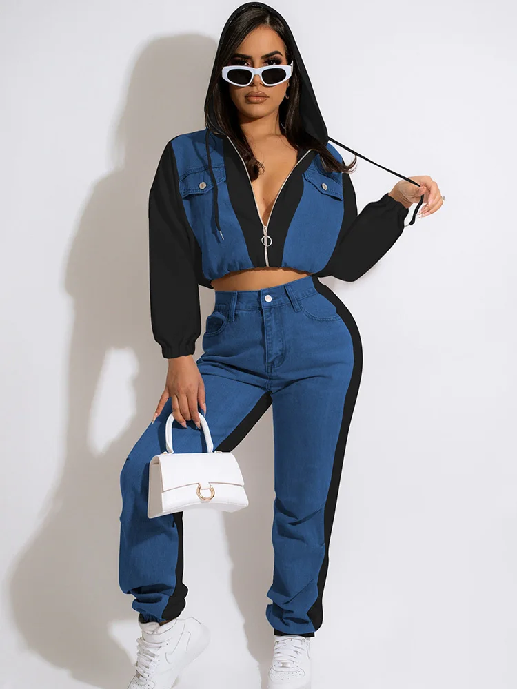 

Casual Denim Patchwork Sweatsuits Two Piece Sets Women Sporty Outfits Pocket Zip Hooded Top and Button Pants Workout Jogger Sets