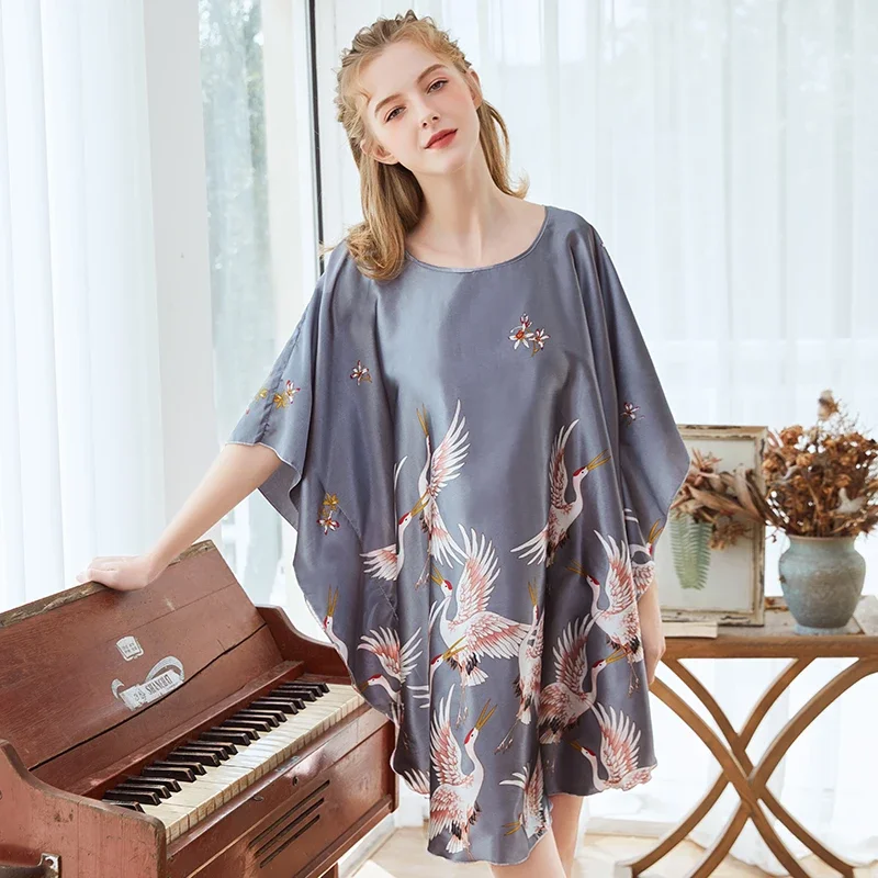 Loose Nightdress Faux Silk Bath Robe Women Rayon Night Gown Round Collar Nightgown Ladies summer Nuisette Pijama Mujer Xsz665C women dress,women sleepwear,sleepwear pajamas