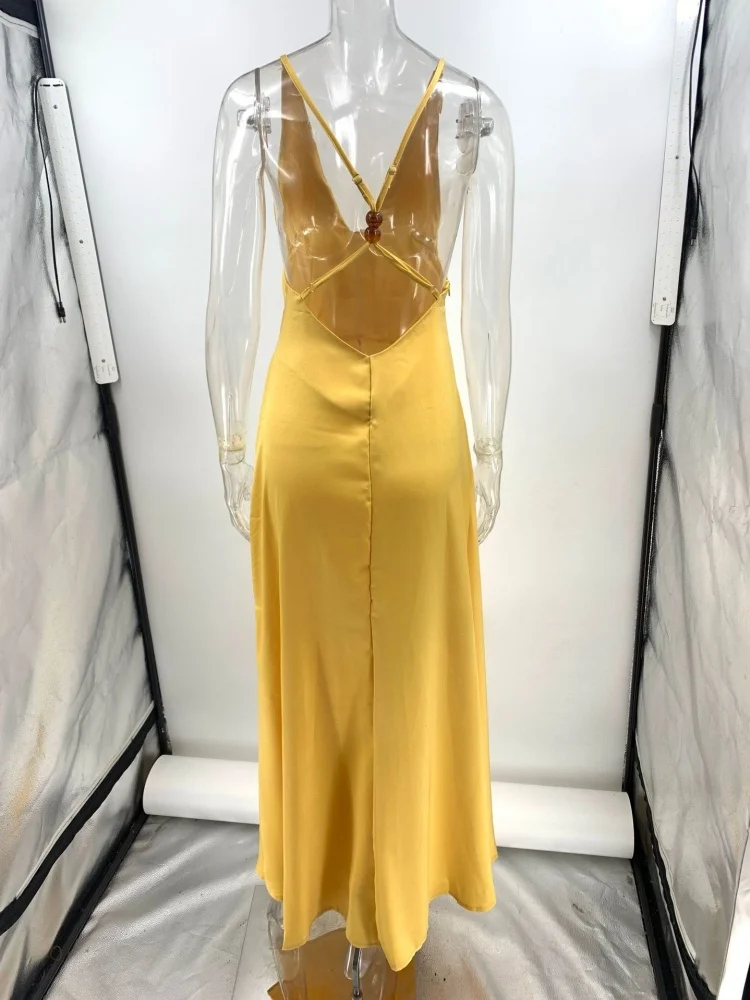 Wmstar Dresses for Women Wholesale Summer Sexy Backless V Neck Satin Long Dress for Women Elegant Long Dress Dropshopping