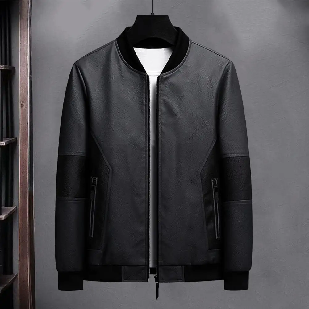 

Zipper Opening Men Jacket Stylish Men's Colorblock Patchwork Winter Jacket with Stand Collar Zipper Closure for Motorcycle