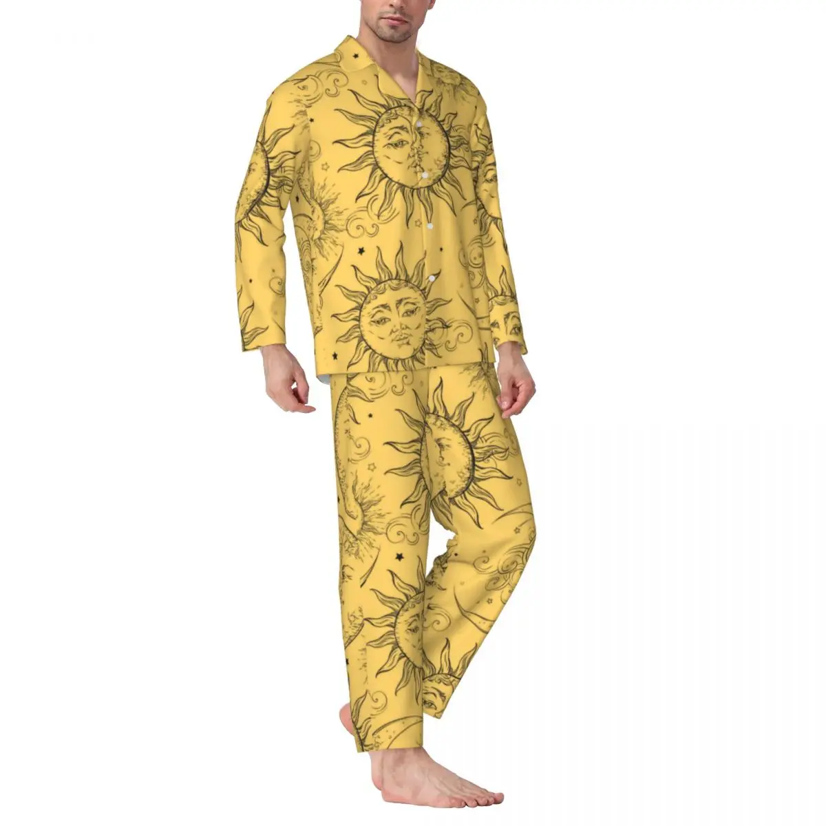 

Vintage Celestial Sun Pajamas Mens Yellow Magic Moon Stars Soft Bedroom Sleepwear Autumn 2 Pieces Oversized Design Pajama Sets