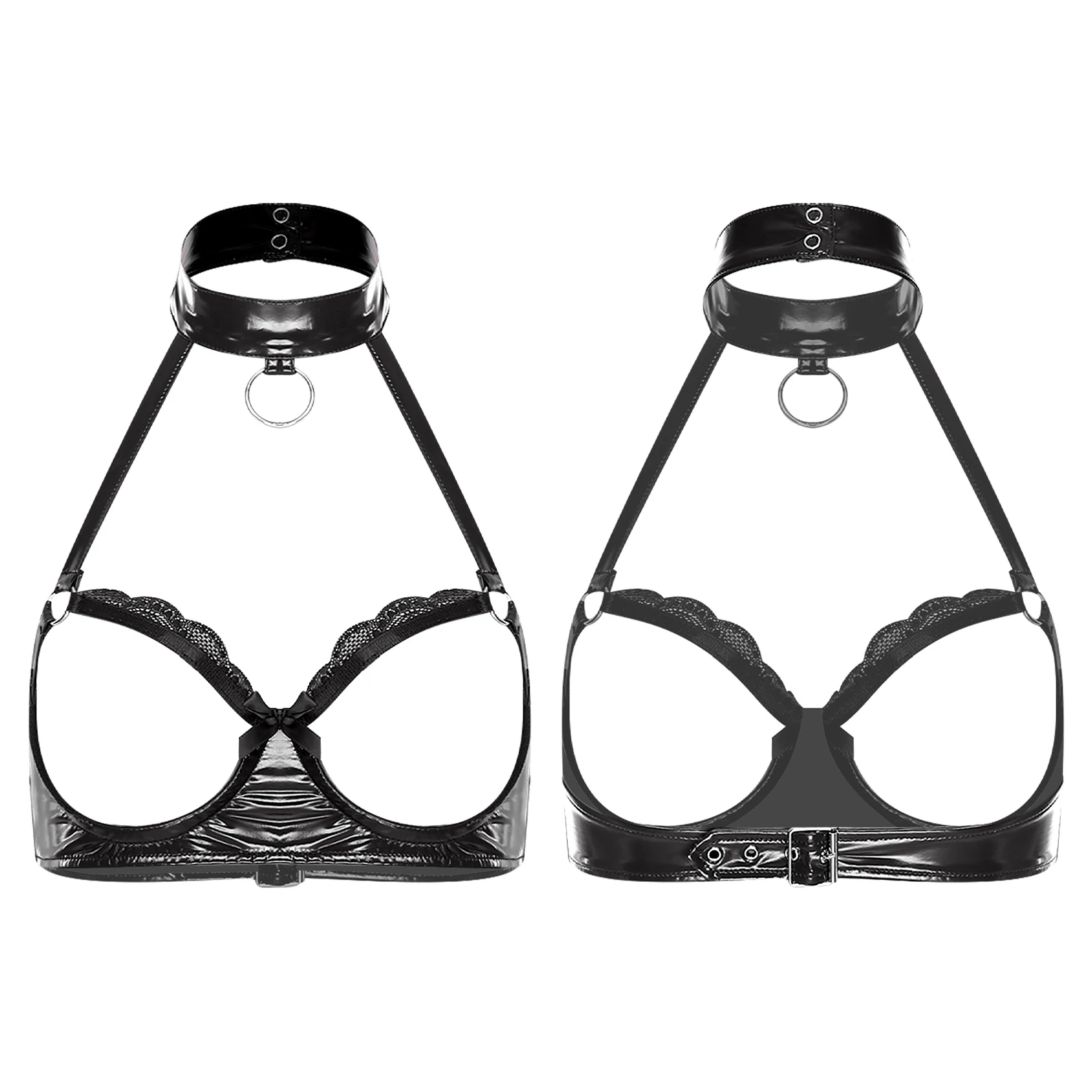 Women Wet Look PU Leather Bra Top Lingerie Breast Hollow Out Bra Top Adult Erotic Tempting Dating Brassier for Anniversary