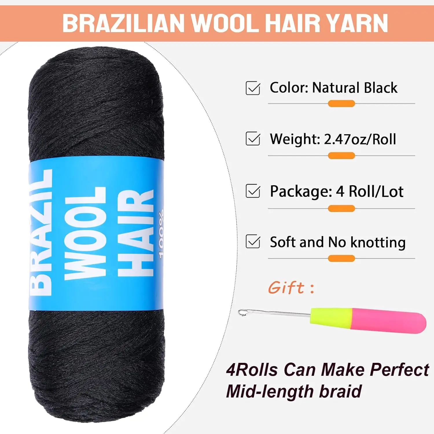 Brazilian Wool Hair Hand Knitting Brazilian Wool for Braiding Hair Natural Black Wool Hair for Crochet Braid Faux Locs Crochet 2