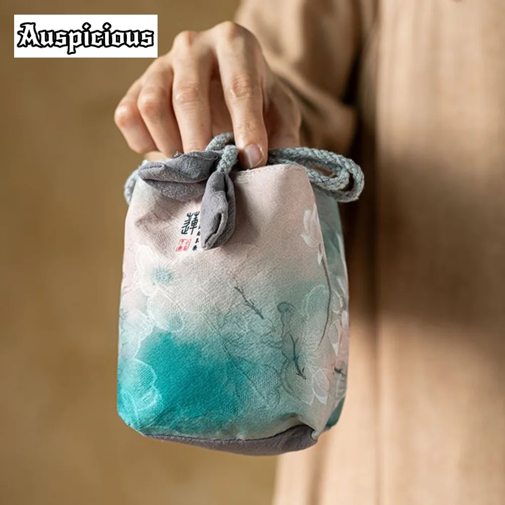 Zen Lotus Cotton and Linen Portable Thickened Tea Cozies Elegant Tea Cozy for Teapot Hand Bag Travel Set Bag Ceremony