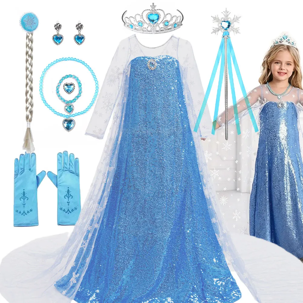 Robe de Princesse Elsa Enfant Bleue Pailletée & Accessoires