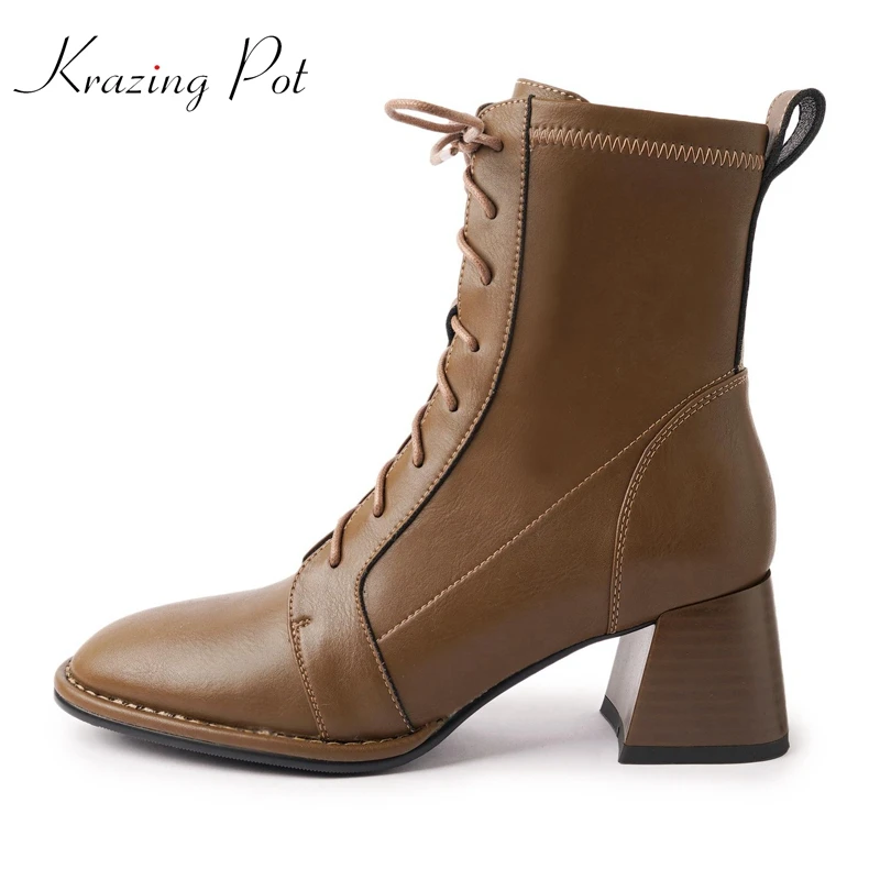 

Krazing Pot Cow Split Leather Round Toe Med Heels Modern Boots Design Retro Fashion Normcore Winter Shoes Cross-tied Ankle Boots