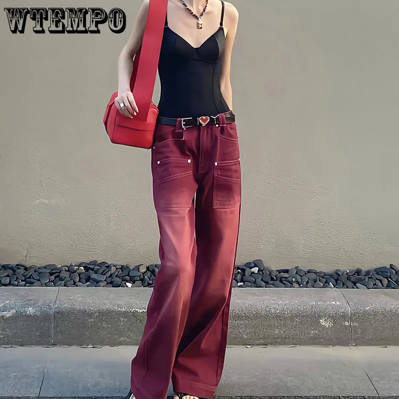 

WTEMPO Streetwear Baggy Jeans Women Denim Trousers High Waist Y2k Vintage Distressed Wide Leg Mopping Red Pants Jeans Woman