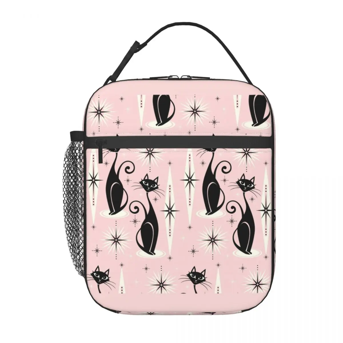 Black Cat Kitty Insulated Lunch Bags Mid Century Meow Retro Atomic Kitten Portable Thermal Cooler Bento Box Work School Travel